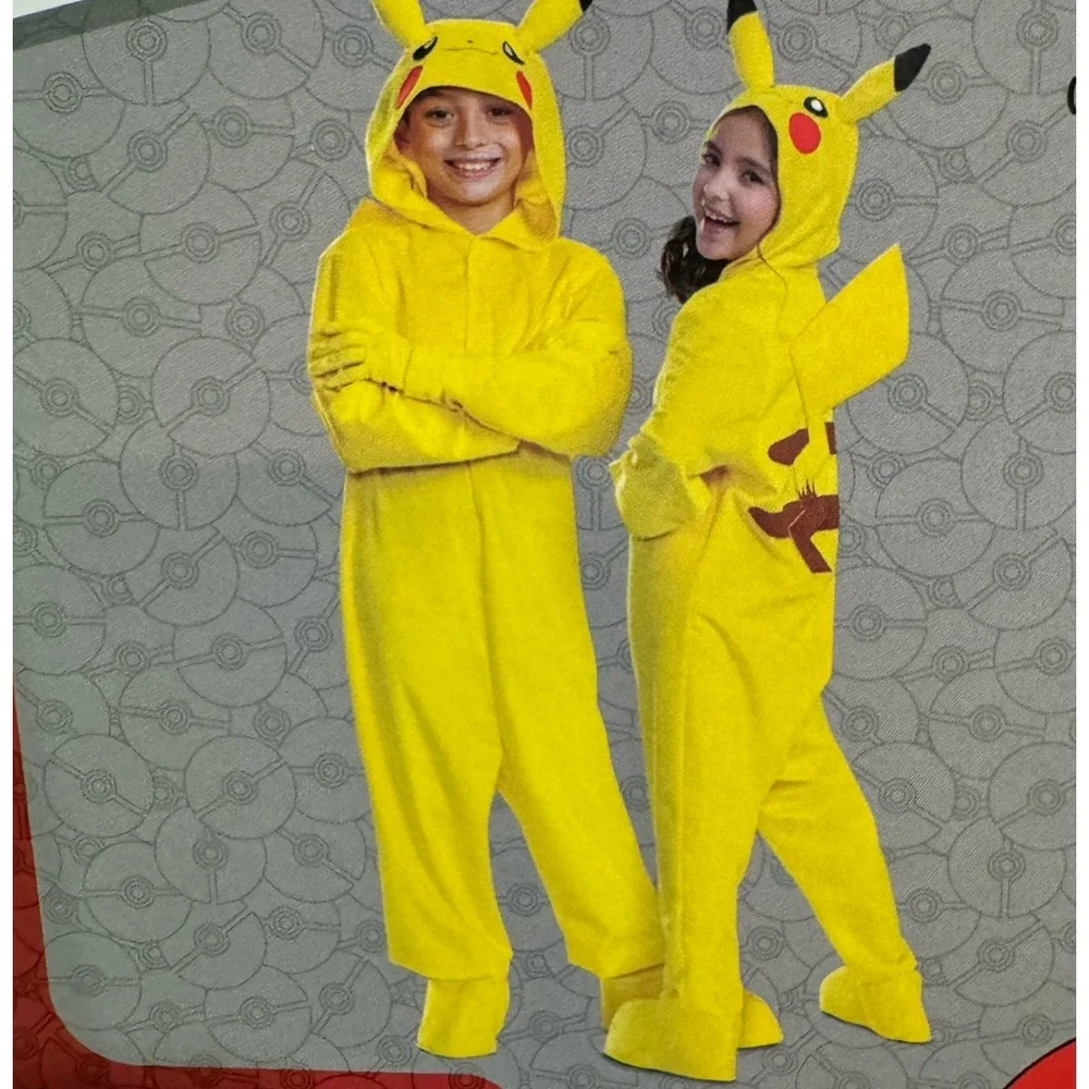 PIKACHU kids deluxe Halloween hooded costume jumpsuit with gloves size various